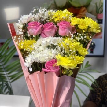 Garden Whispers bouquet with mixed chrysanthemums, roses, and gypsophila – best birthday flowers arrangement.