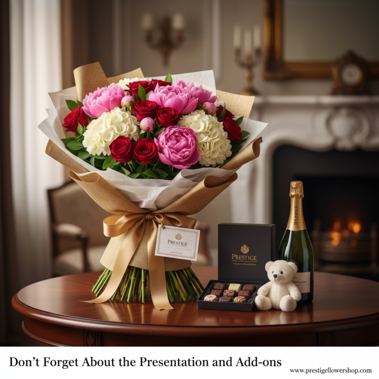 A beautifully presented luxury hand-tied bouquet wrapped in elegant paper, with a thoughtful gift card attached.