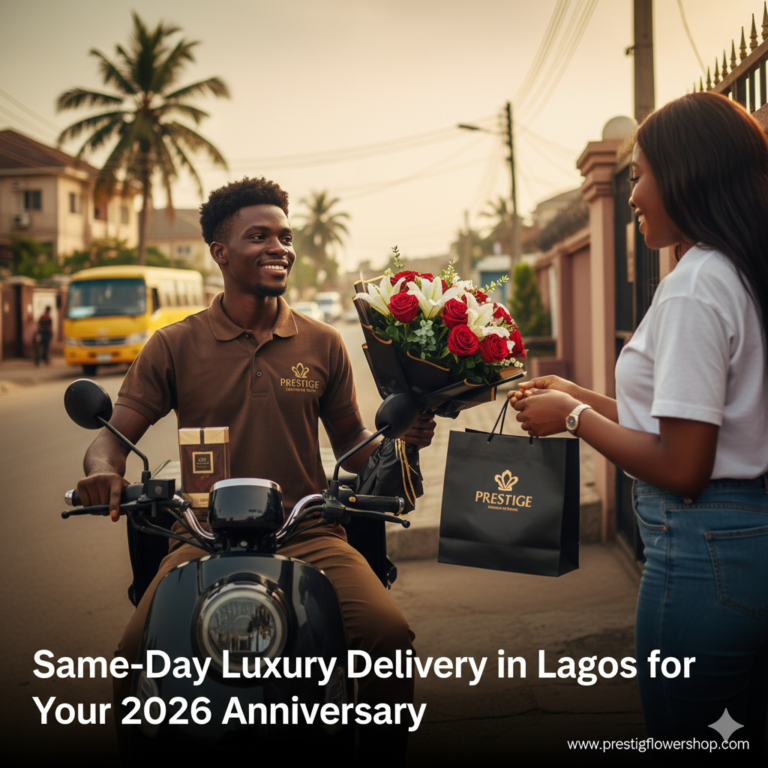 Anniversary Gift Guide 2026 A luxury delivery gift set featuring a hand-tied bouquet and a wrapped perfume box being delivered in Lagos.