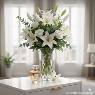Anniversary Gift Guide 2026 A tall vase of fresh white oriental lilies standing next to a crystal perfume bottle on a mirrored vanity.