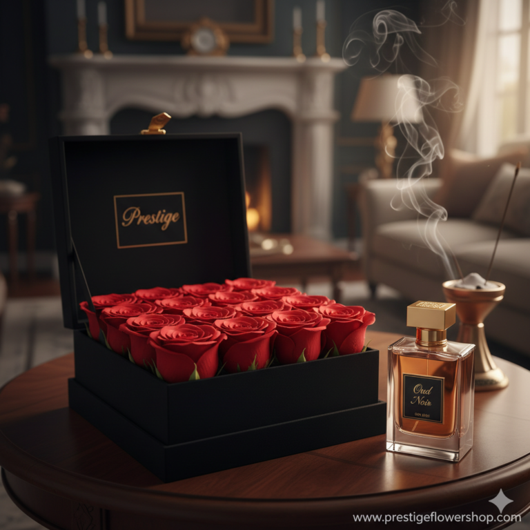 Anniversary Gift Guide 2026 A luxury black velvet box filled with deep red roses paired with a gold-capped designer perfume bottle.