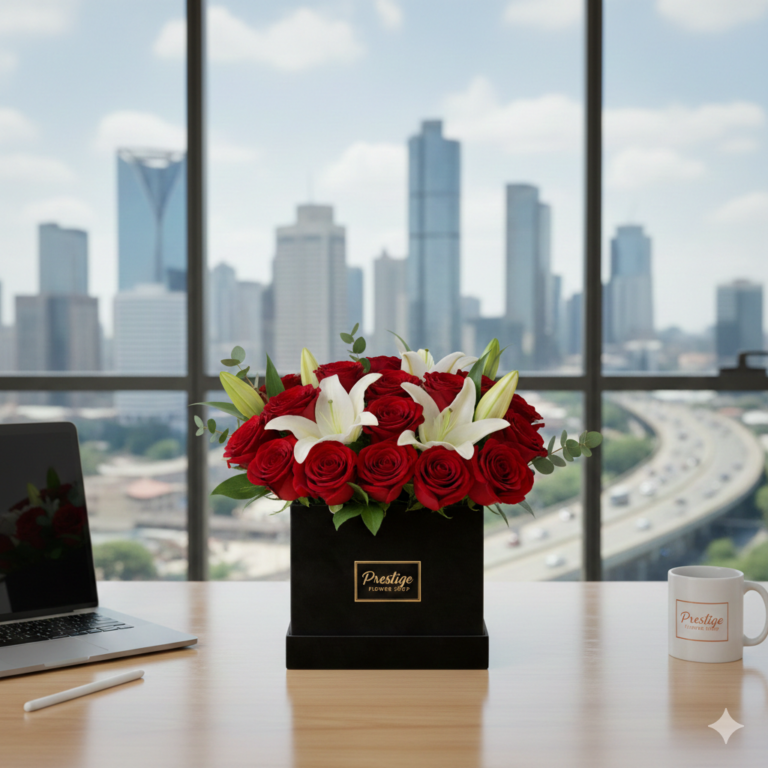 A luxury black velvet box filled with deep red roses and white lilies, sitting on a modern office desk. boxed flower arrangements Lagos