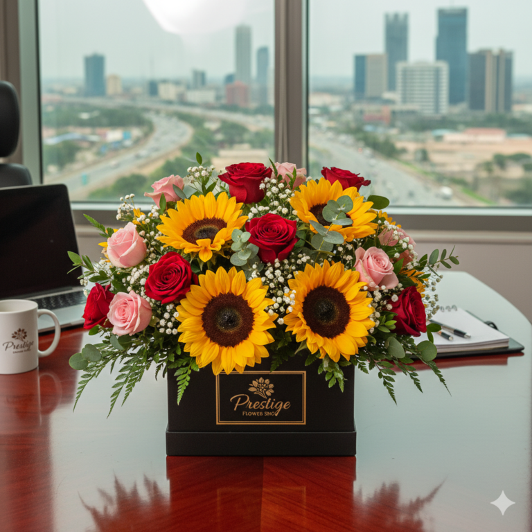 A vibrant mixed flower bouquet in a branded box support women in the Lagos workplace