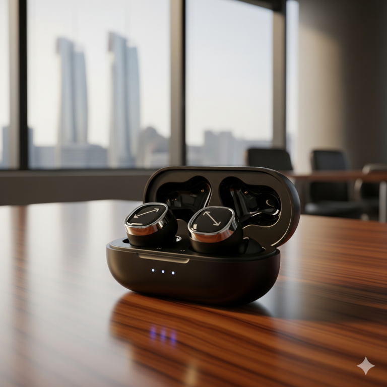 A pair of sleek, black wireless noise-canceling earbuds resting on a modern desk.