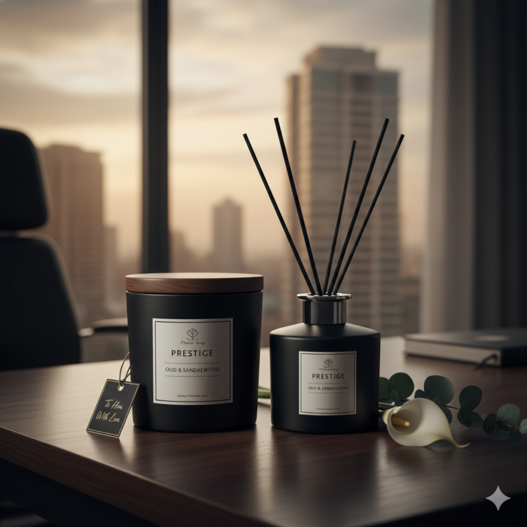 A luxury oud-scented candle, a top choice for Valentine's gifts ideas for him, styled on a minimalist shelf.