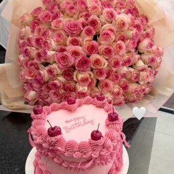 100 pink and white roses with 10 inches heart shaped cake
