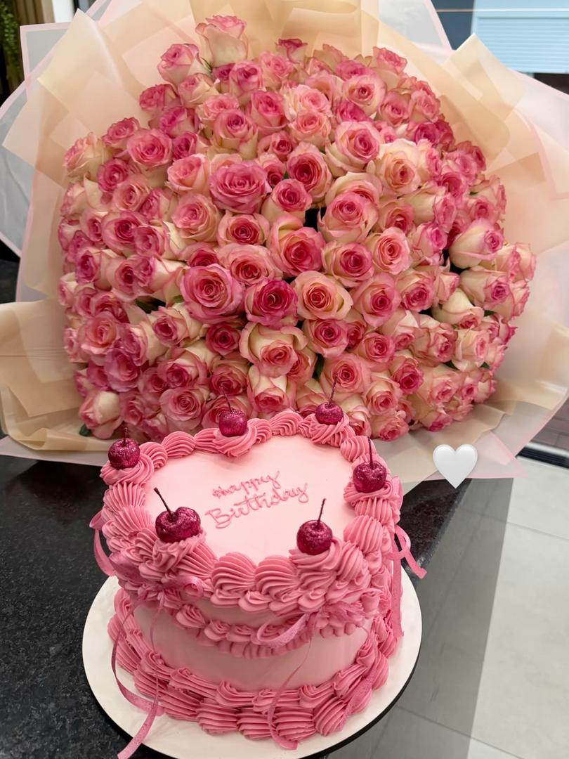 Send 100 pink and white roses with 10 inches heart shaped cake in Lagos. Same-day 30–120 mins delivery from Prestige Flowersshop. 100 pink and white roses with 10 inches heart shaped cake